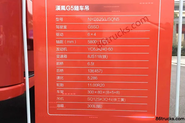 XCMG Hanfeng G5 240 hp 6X4(10 wheels) 8.45m Truck-mounted Crane Transport Vehicle Cab (2) | 86Trucks